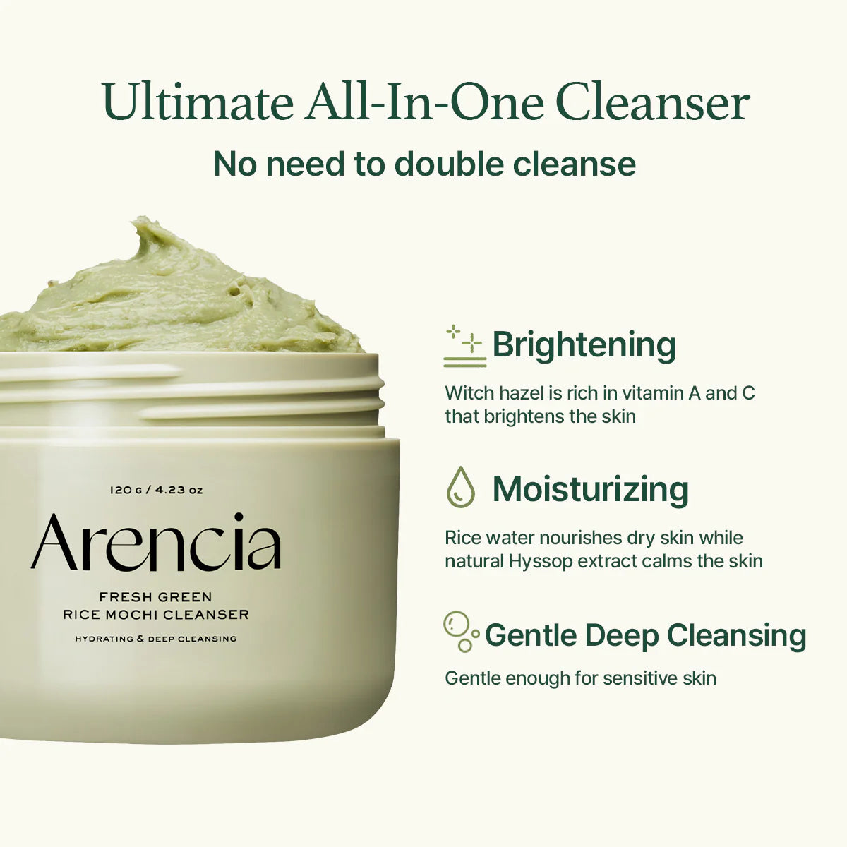 Arencia - Fresh Green Rice Mochi Cleanser - 120g | Limpiador Facial Equilibrante con Té Verde y Arroz