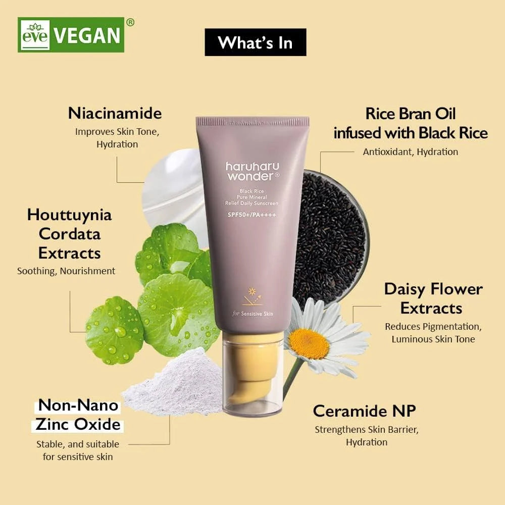 Haruharu Wonder - Black Rice Pure Mineral Relief Daily Sunscreen SPF50+ - 50ml | Protector Solar Mineral Facial Calmante y Ligero