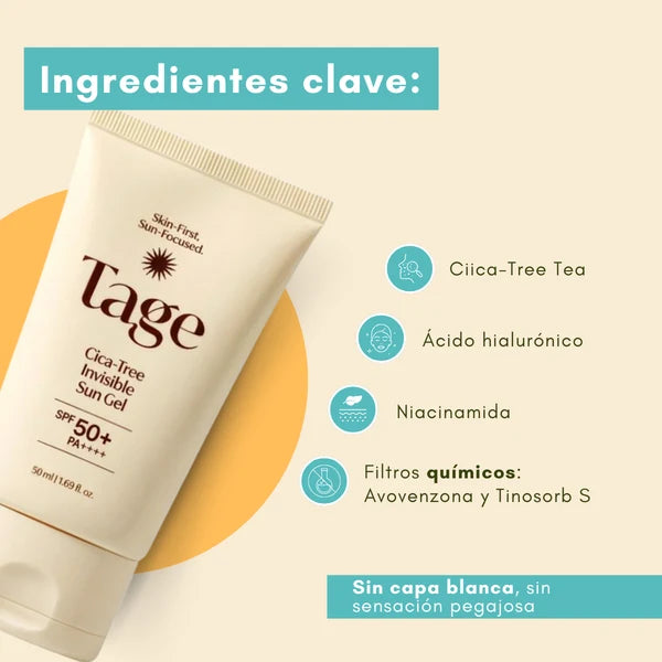 TAGE - Cica-Tree Invisible Sun Gel SPF50+ - 50ml | Protector Solar Facial Invisible y Ligero