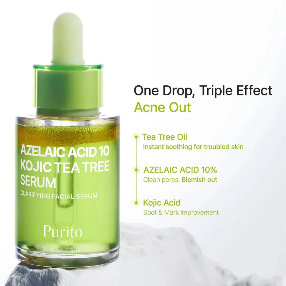 PURITO Seoul - Azelaic Acid 10 Kojic Tea Tree Serum - 30ml | Sérum Despigmentante, Antiacné y Calmante con Ácido Azelaico, Kójico y Tea Tree