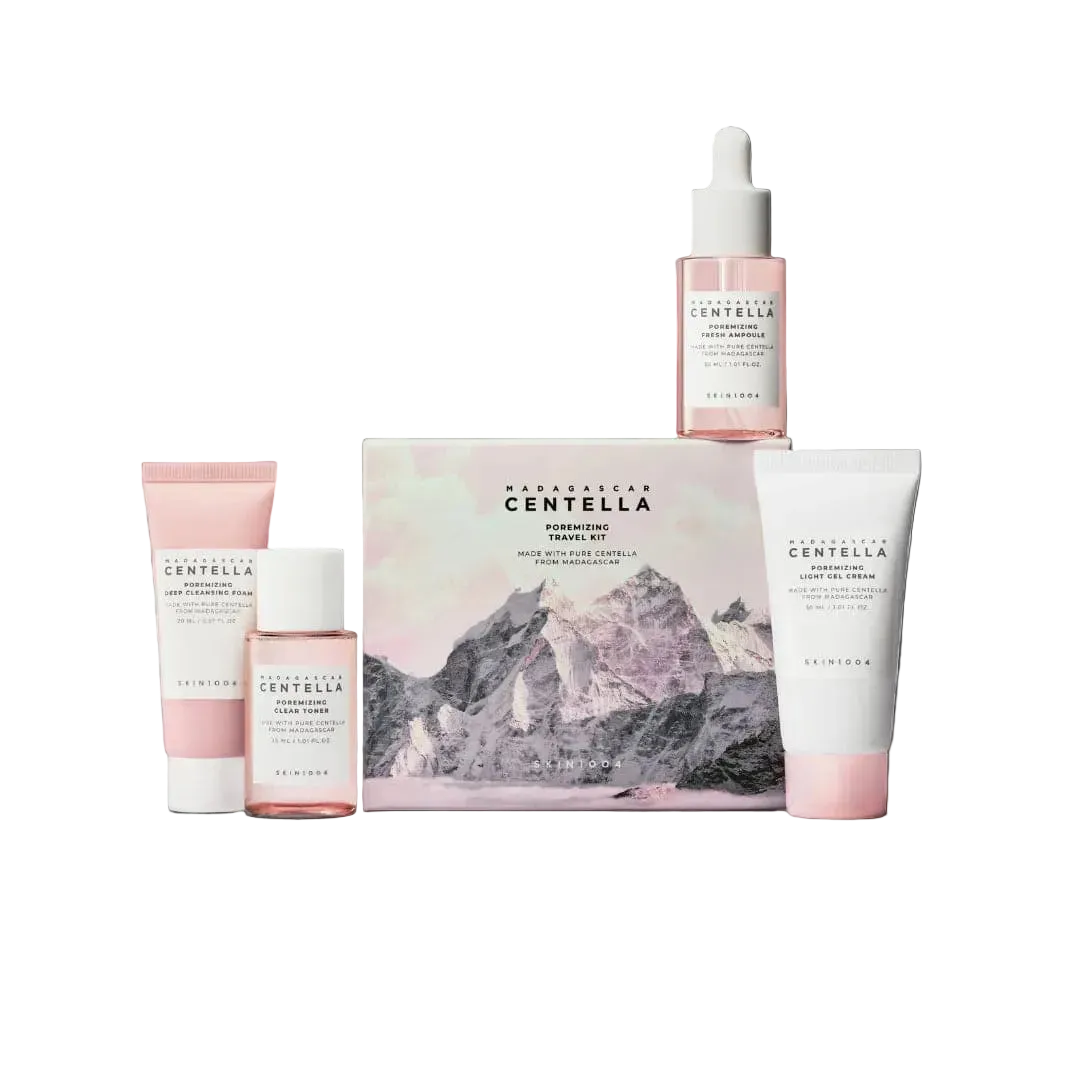SKIN1004 - Madagascar Centella Poremizing Travel Kit - 4 pzas | Set De Viaje Refinador De Poros Y Control De Sebo Con Sal Rosa Del Himalaya