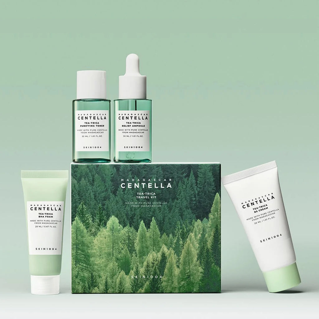 SKIN1004 - Madagascar Centella Tea-Trica Travel Kit - 4 pzas | Set De Viaje Calmante Y Purificante Para Piel Sensible Con Tendencia Acneica