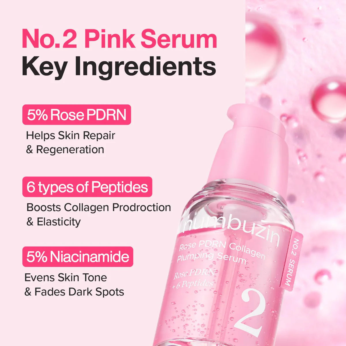 Numbuzin - No.2 Rose PDRN Collagen Plumping Serum - 30ml | Sérum Reafirmante e Hidratante con PDRN